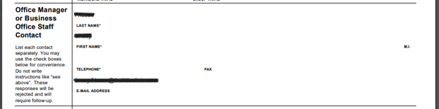 a screenshot of the CAQH form, specifically the section to fill out the office manager or business office staff contact information.