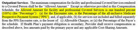 Screenshot of Contract language with text that reads Outpatient services. The maximum compensation for facility and professional Covered Services rendered to a Covered Person shall be the 