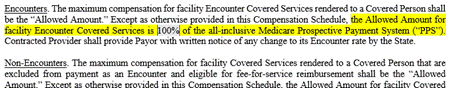 Screenshot of contract language with text that reads Encounters. The maximum compensation for facility Encounter Covered Services rendered to a Covered Person shal be the 