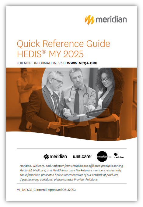 image of the cover of the HEDIS Quick Reference Guide for 2025, with title, branding, and a stock image of medical staff