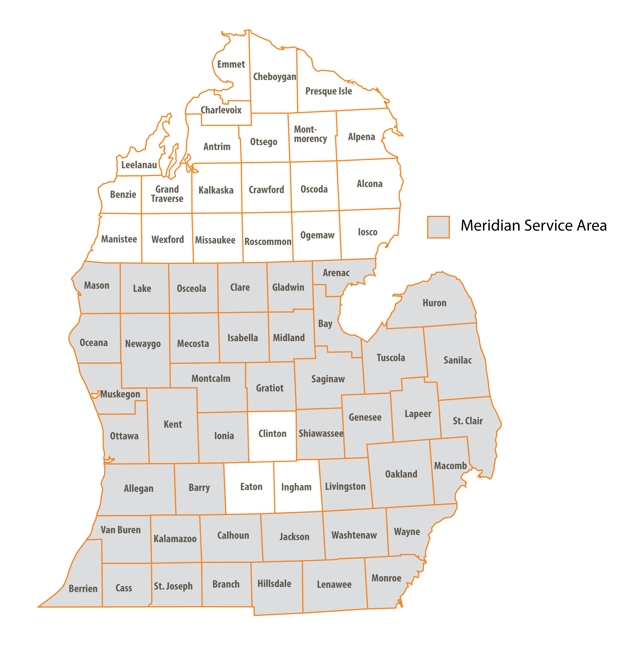 map of the lower peninsula of Michigan with all 68 counties marked as within the service area