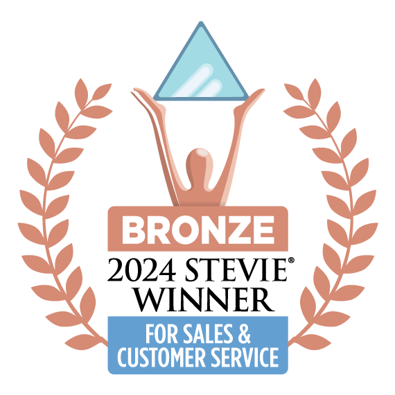 Bronze-colored awards badge, text says Bronze 2024 Stevie Award Winner for Sales and Customer Service